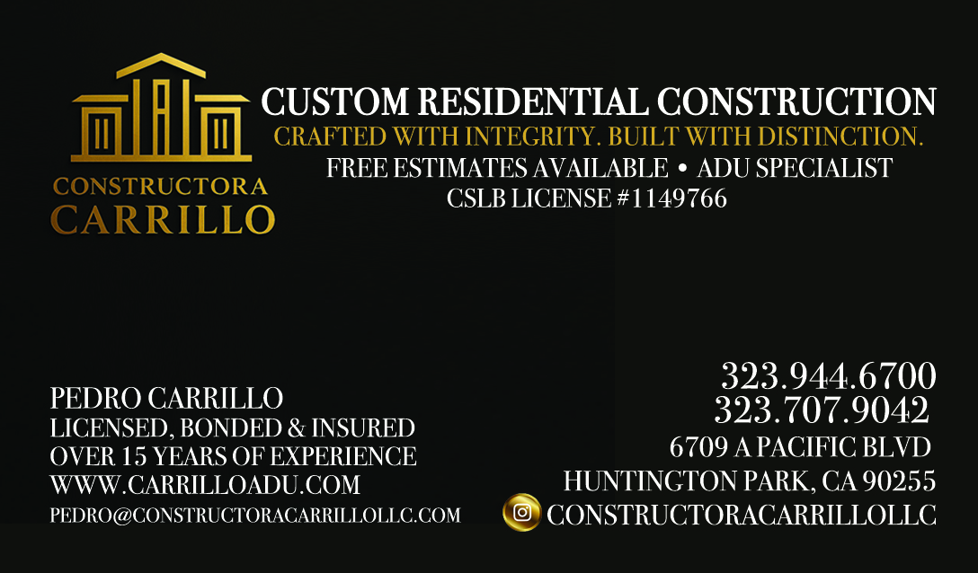 Business card — Constructora Carrillo LLC, Pedro Carrillo, CSLB #1149766